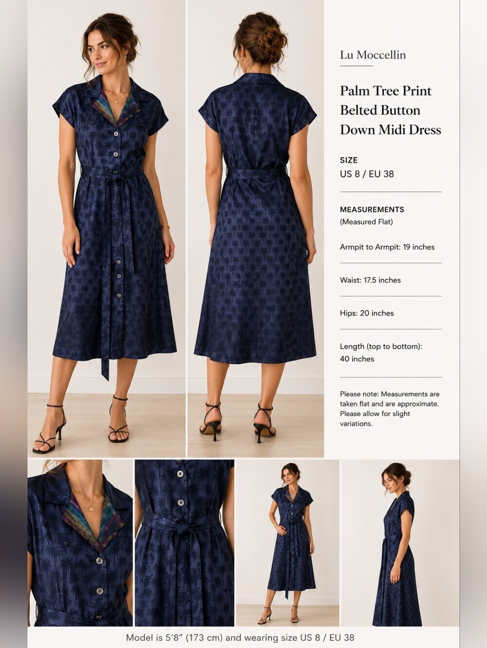 Lu Moccellin Palm Tree Print Belted Midi Dress US 8 EU 38 Tropical Button Front